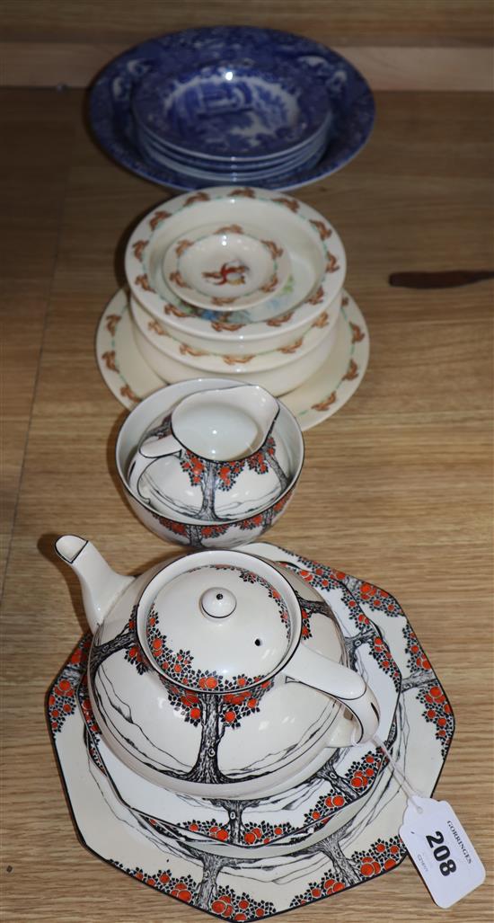 An Orange Tree Crown Ducal teapot, cream jug and sugar bowl and three plates, Spode Italian fruit set and Bunnykins plate and bowls